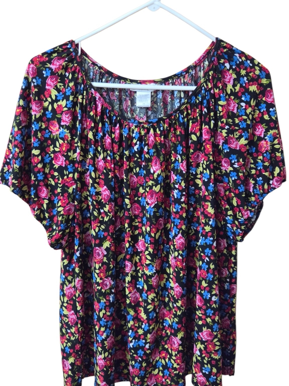Rebecca Malone Black Floral Scoop-Neck Blouse with Pink Roses